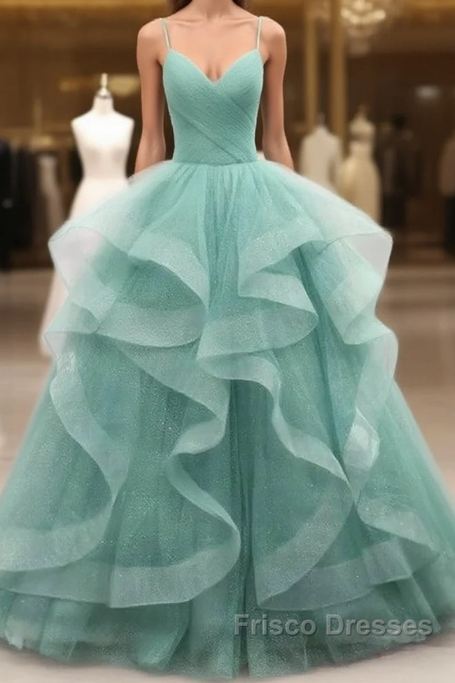 Sparkling Quinceanera Dress V Neck Tulle Long Formal Prom Dress Green Sweet Dress Floor Length