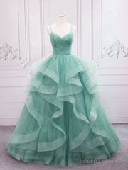 Sparkling Quinceanera Dress V Neck Tulle Long Prom Dress Green Sweet Dress Floor Length