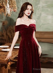 Sparkling Red Velvet Off Shoulder Long Party Dress A-Line Prom Dress Evening Dress