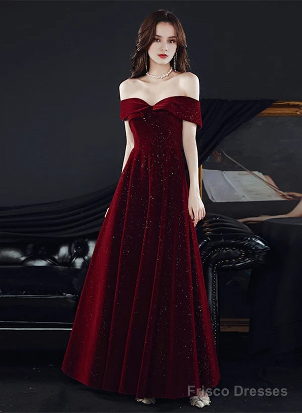 Sparkling Red Velvet Off Shoulder Long Party Dress A-Line Prom Dress Evening Dress Main image