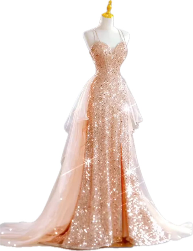 Sparkling Rose Gold Mermaid Slit Train Sequined Prom Dress Evening Dress Secondary image