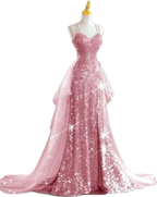 Sparkling Rose Gold Mermaid Slit Train Sequined Prom Dress Evening Dress