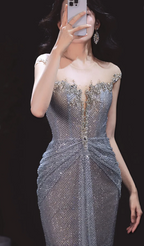 Sparkling Silver-Grey Mermaid Sequined Long Prom Dress Evening Dress