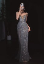 Sparkling Silver-Grey Mermaid Sequined Long Prom Dress Evening Dress