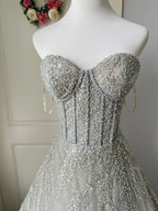 Sparkling Silver-Grey Strapless Sequined Ball Gown Evening Dress
