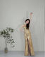 Sparkling Yellow Mermaid Deep V Halter Neck Slit Sequined Long Prom Dress Evening Dress