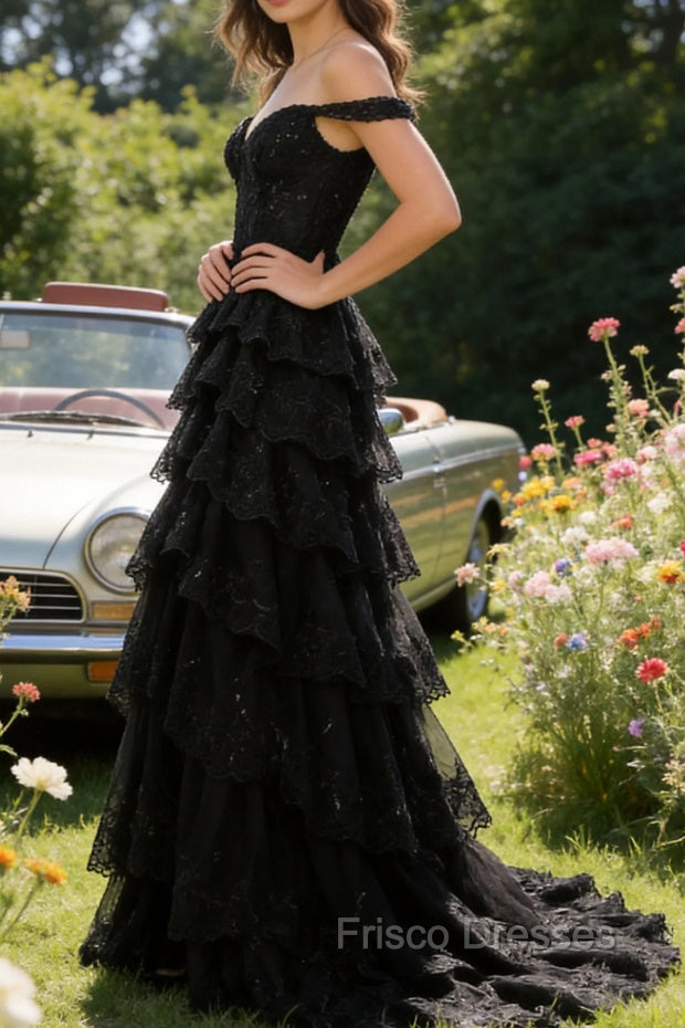 Sparkly A Line Black Off The Shoulder Corset Sequin Tiered Prom Dress with Slit