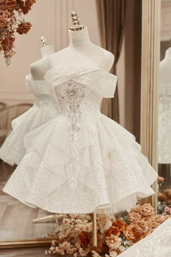 Sparkly A Line Short Cocktail Dresses White Sequin 18Th Birthday Outfits