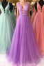 Sparkly A Line V Neck and V Back Formal Prom Dresses with Thin Belt, Formal Graduation Evening Dresses