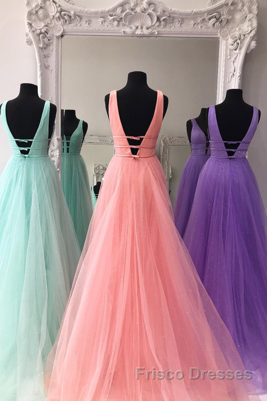 Sparkly A Line V Neck and V Back Formal Prom Dresses with Thin Belt, Formal Graduation Evening Dresses