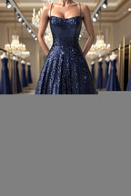 Sparkly Backless Navy Blue Long Formal Prom Dresses, Open Back Long Navy Blue Formal Evening Dresses