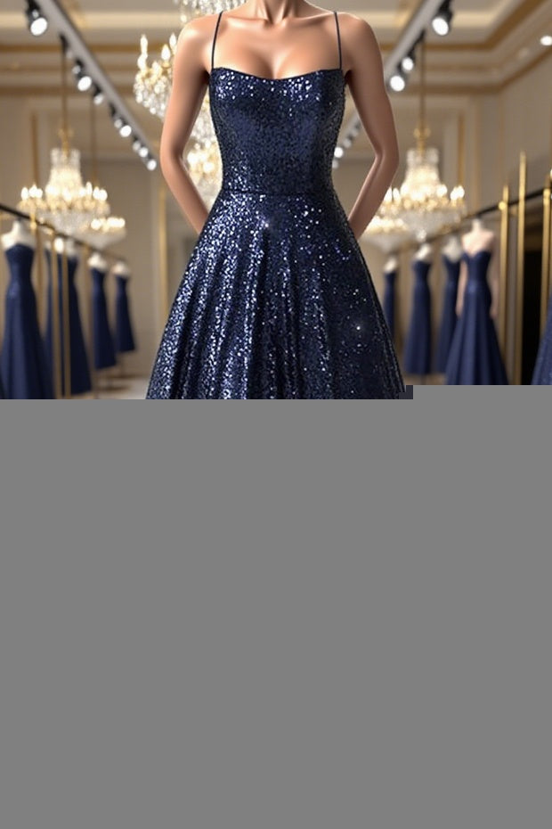 Sparkly Backless Navy Blue Long Formal Prom Dresses, Open Back Long Navy Blue Formal Evening Dresses