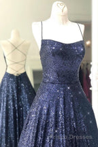 Sparkly Backless Navy Blue Long Formal Prom Dresses, Open Back Long Navy Blue Formal Evening Dresses