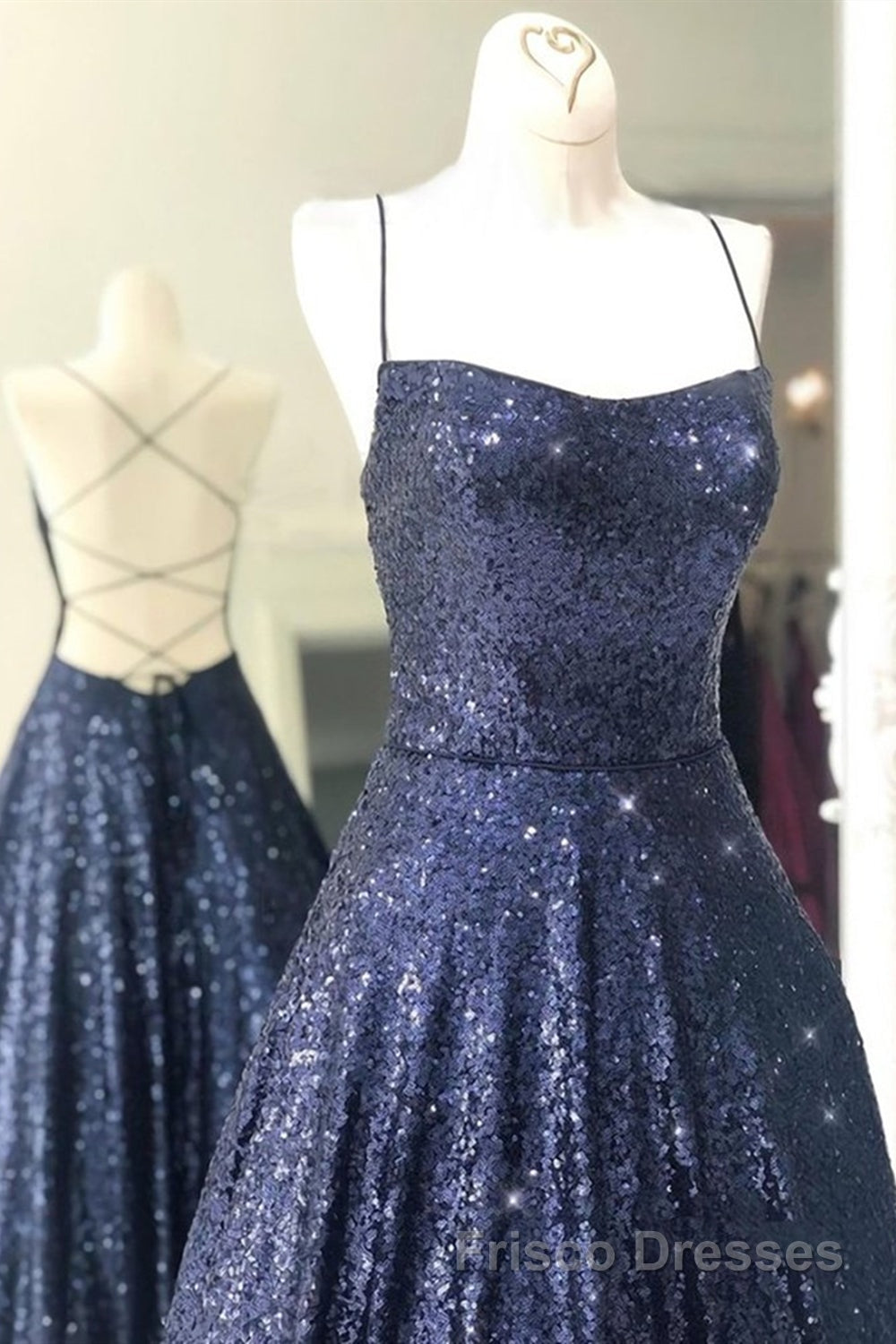 Sparkly Backless Navy Blue Long Formal Prom Dresses, Open Back Long Navy Blue Formal Evening Dresses