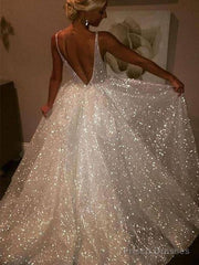 Sparkly Backless V-Neck A-Line Long Prom Dress,