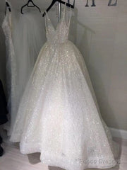 Sparkly Backless V-Neck A-Line Long Prom Dress,