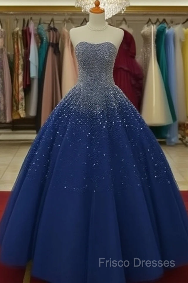 Sparkly Beaded Strapless Navy Blue Ball Gown Formal Prom Dress Main image