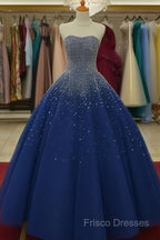 Sparkly Beaded Strapless Navy Blue Ball Gown Formal Prom Dress