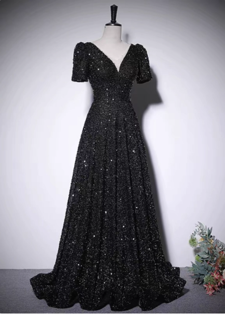 Sparkly Black A-Line V-Neck Short Sleeve Sequin Long Prom Dress Evening Dress Secondary image