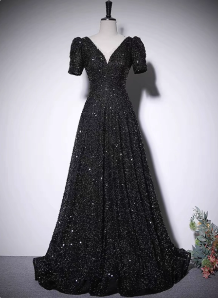 Sparkly Black A-Line V-Neck Short Sleeve Sequin Long Prom Dress Evening Dress Main image