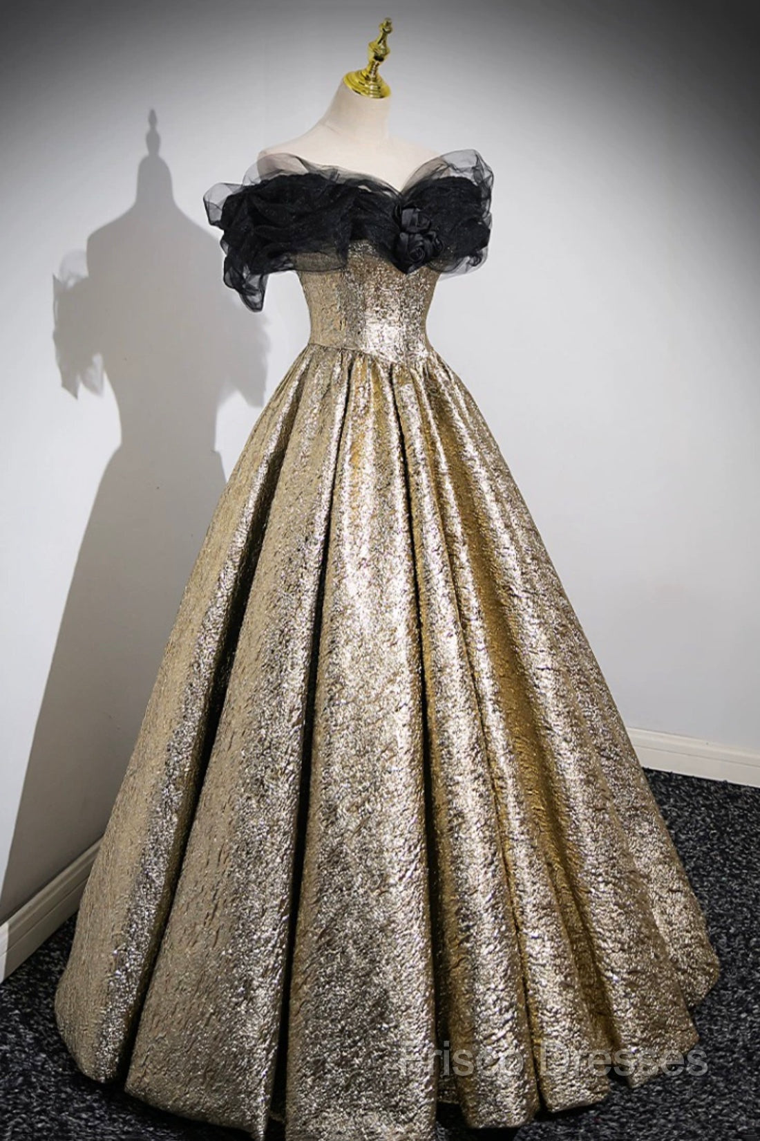 Sparkly Black And Gold Glitter Formal Prom Dress Ball Gown, Off The Shoulder Formal Party Dress Secondary image