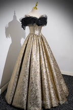 Sparkly Black And Gold Glitter Formal Prom Dress Ball Gown, Off The Shoulder Formal Party Dress