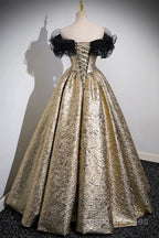 Sparkly Black And Gold Glitter Formal Prom Dress Ball Gown, Off The Shoulder Formal Party Dress
