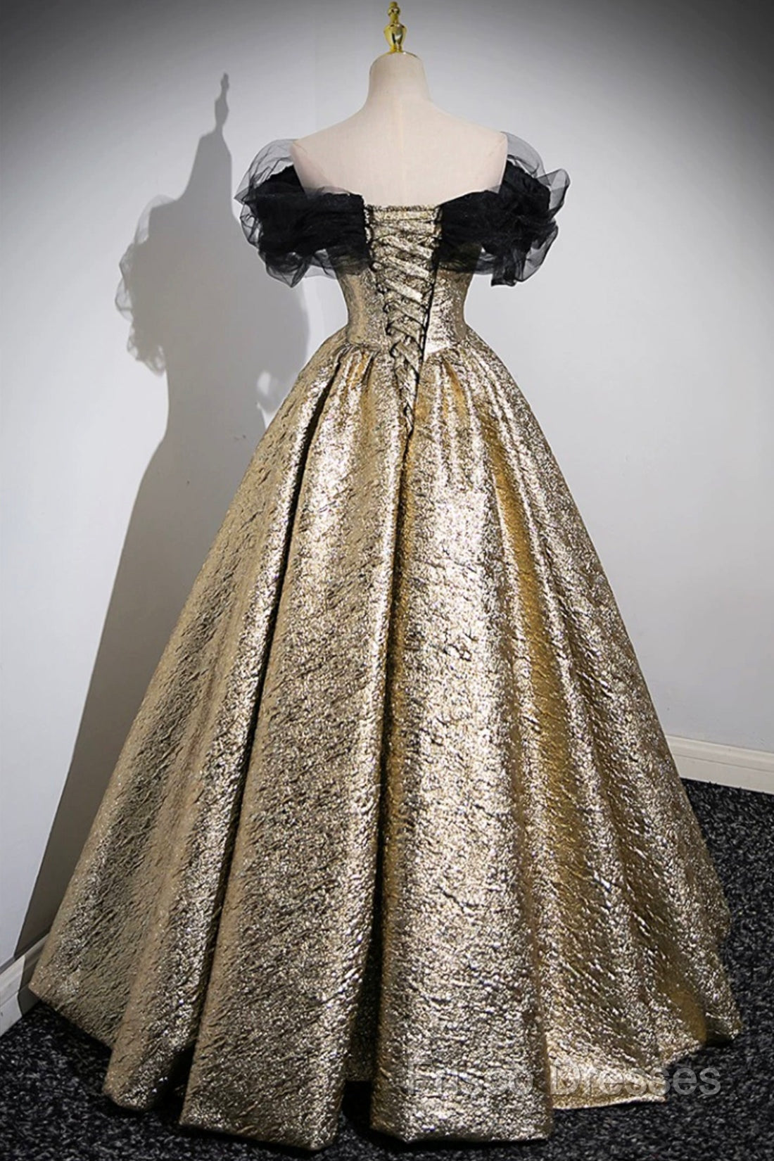 Sparkly Black And Gold Glitter Formal Prom Dress Ball Gown, Off The Shoulder Formal Party Dress