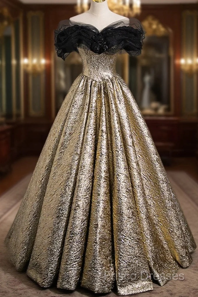 Sparkly Black And Gold Glitter Formal Prom Dress Ball Gown, Off The Shoulder Formal Party Dress