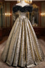 Sparkly Black And Gold Glitter Formal Prom Dress Ball Gown, Off The Shoulder Formal Party Dress