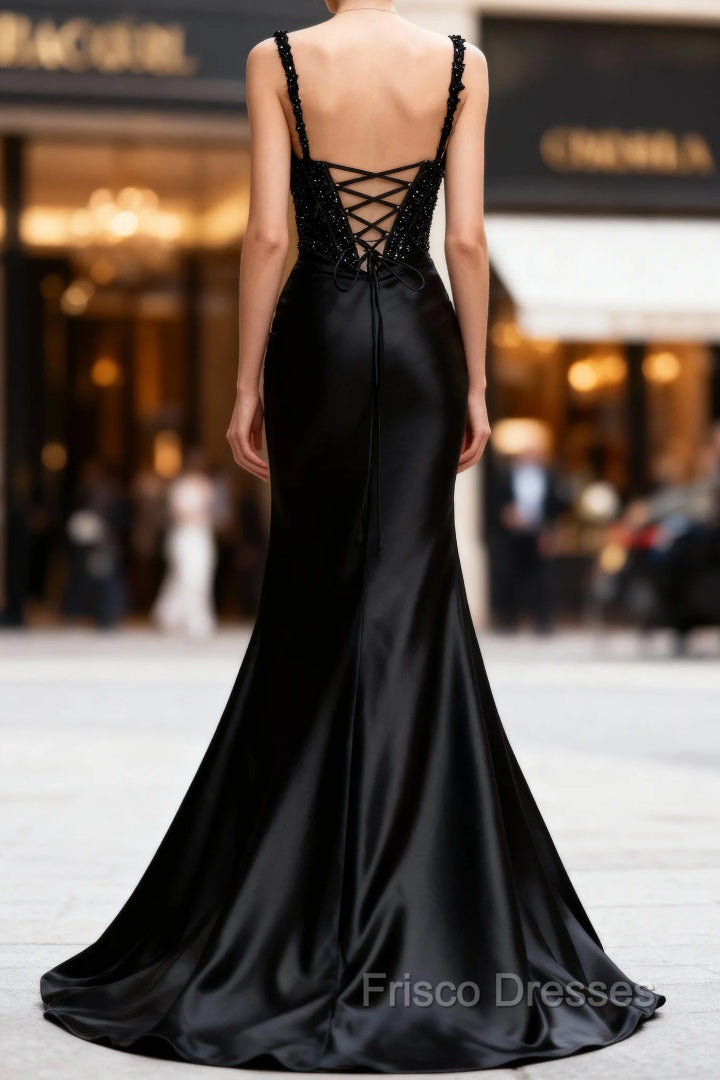 Sparkly Black Floral Spaghetti Straps Mermaid Long Formal Prom Dress with Slit Secondary image