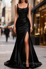 Sparkly Black Floral Spaghetti Straps Mermaid Long Formal Prom Dress with Slit