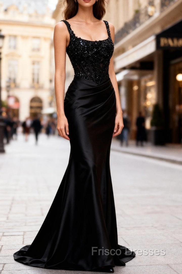 Sparkly Black Floral Spaghetti Straps Mermaid Long Formal Prom Dress with Slit Main image