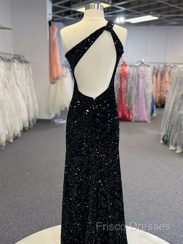 Sparkly Black One Shoulder Side Slit Formal Prom Dress,