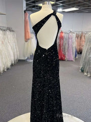 Sparkly Black One Shoulder Side Slit Prom Dress,