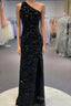 Sparkly Black One Shoulder Side Slit Formal Prom Dress,