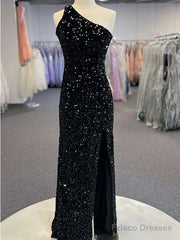 Sparkly Black One Shoulder Side Slit Prom Dress,