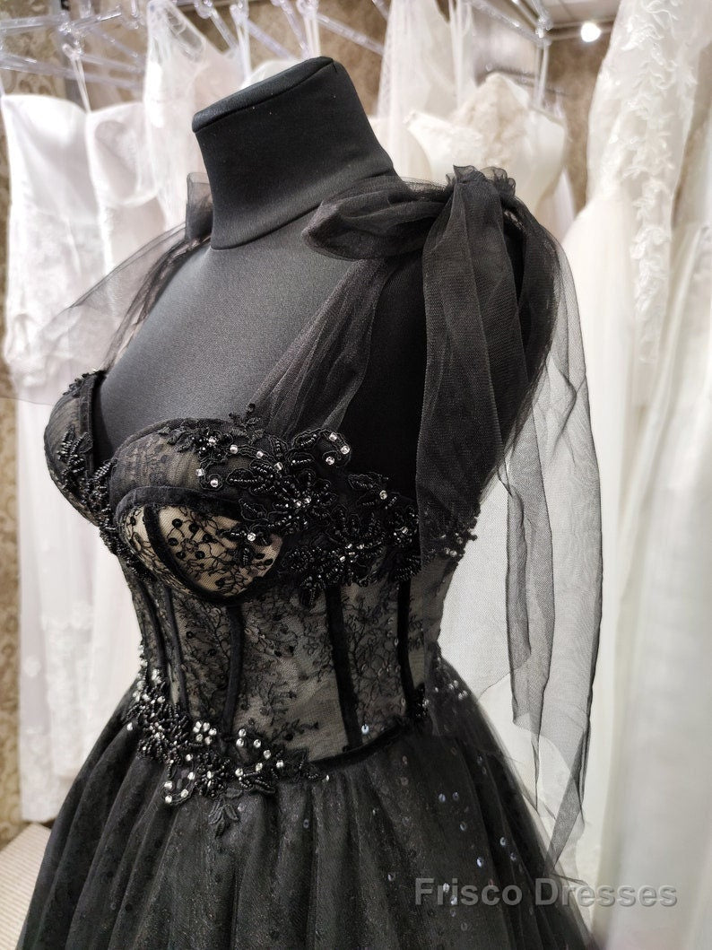 Sparkly black prom dress night corset neckline fairy tale tulle prince –  Frisco Dresses