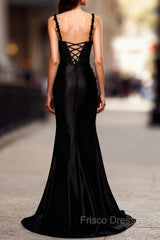 Sparkly Black Spaghetti Straps Mermaid Long Formal Prom Dress with Slit