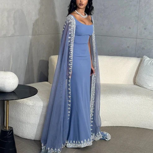 Sparkly  Blue Evening Dresses Cape Long Mermaid Prom Dress Formal Evening Dress Wedding Dress Secondary image