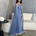 Sparkly  Blue Evening Dresses Cape Long Mermaid Prom Dress Formal Evening Dress Wedding Dress
