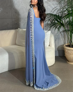 Sparkly  Blue Evening Dresses Cape Long Mermaid Prom Dress Formal Evening Dress Wedding Dress