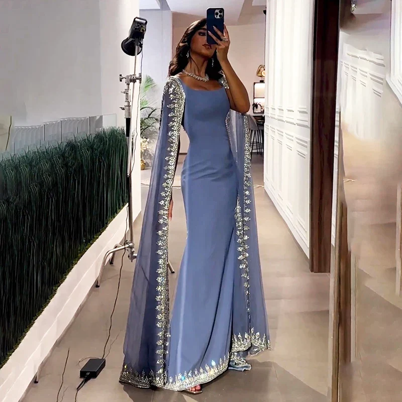 Sparkly  Blue Evening Dresses Cape Long Mermaid Prom Dress Formal Evening Dress Wedding Dress Main image