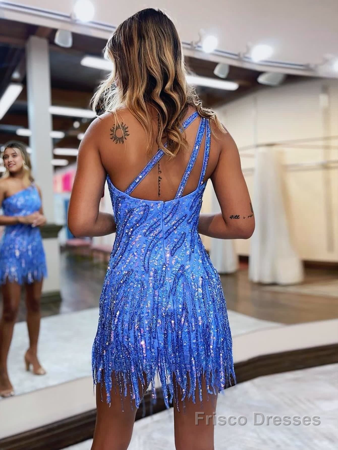 Sparkly Blue One Shoulder Sequins Tight Short Hoco Dress with Fringes Secondary image