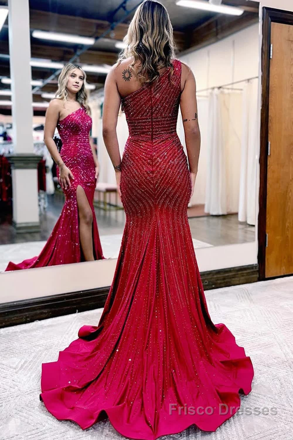 Sparkly Burgundy Beaded One Shoulder Long Prom Dress with Slit Formal Evening Dresses Secondary image