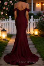 Sparkly Burgundy Mermaid Cold Shoulder Sequined Ruched Satin Long Prom Dress