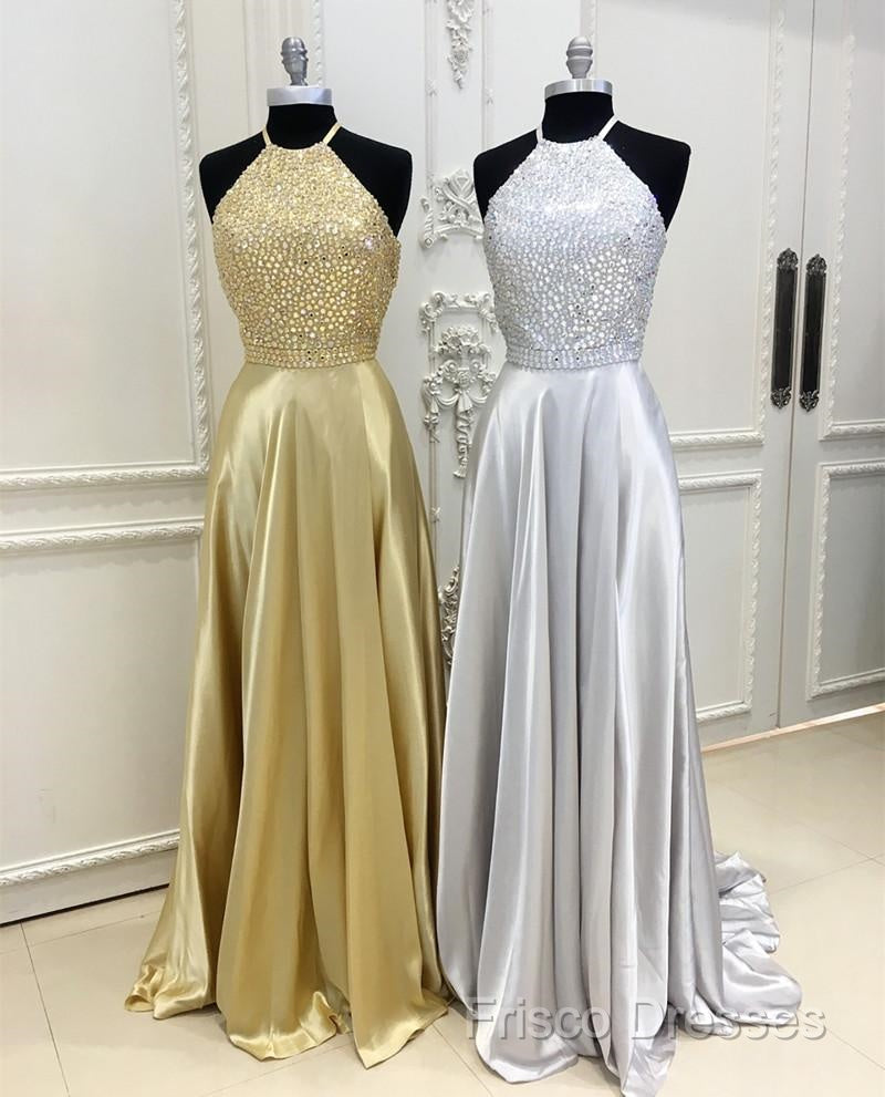 Sparkly Crystal Beaded Halter Long Satin Open Back Formal Prom Dress Secondary image