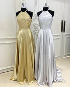 Sparkly Crystal Beaded Halter Long Satin Open Back Formal Prom Dress