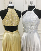 Sparkly Crystal Beaded Halter Long Satin Open Back Formal Prom Dress