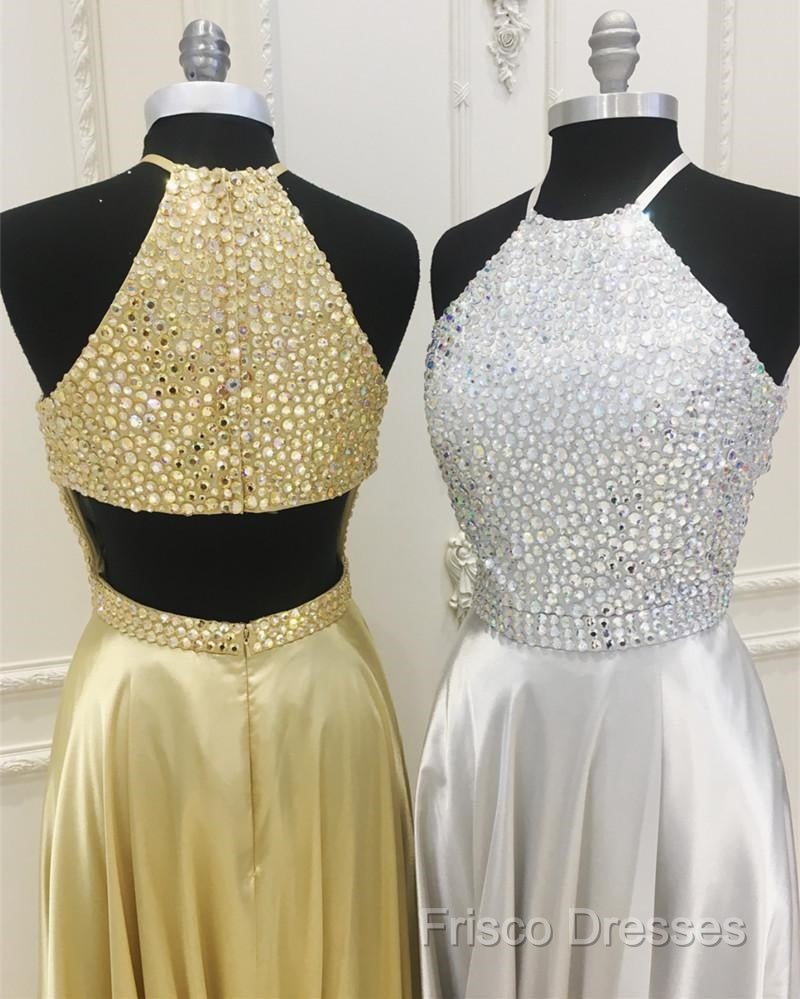 Sparkly Crystal Beaded Halter Long Satin Open Back Formal Prom Dress